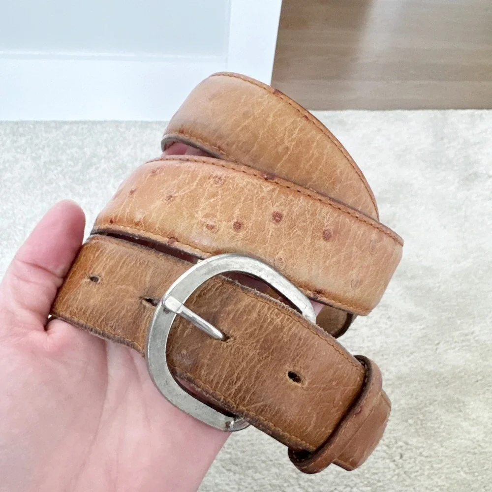 Vintage‎ Ostrich Leather Belt Tan Brown Silver Buckle Western Boho Size 38